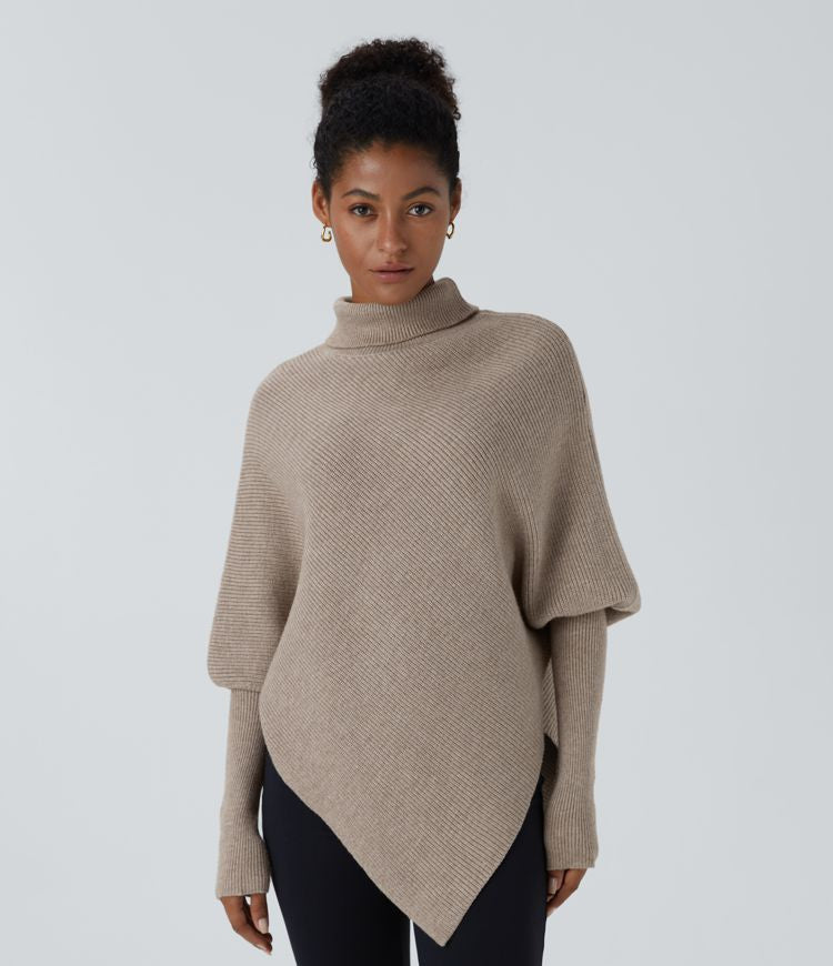 Hochgeschlossener Langarm-Pullover mit asymmetrischem Saum