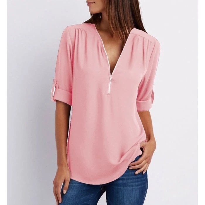 Plus Size Loose  3/4 Sleeve Zipper Blouse