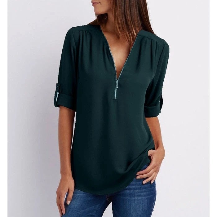 Plus Size Loose  3/4 Sleeve Zipper Blouse