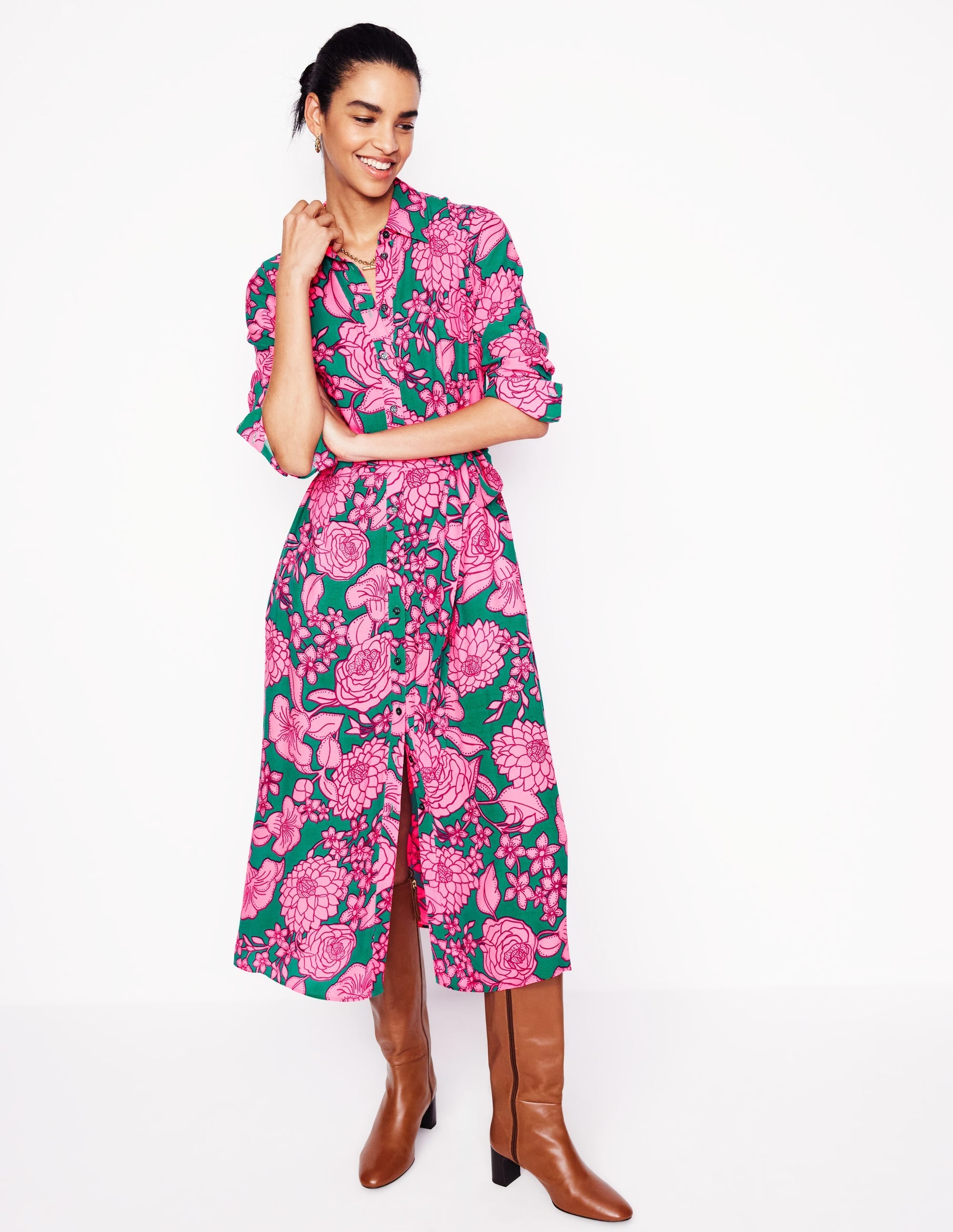 Kate Midi Shirt Dress-Green, Blossom Cascade