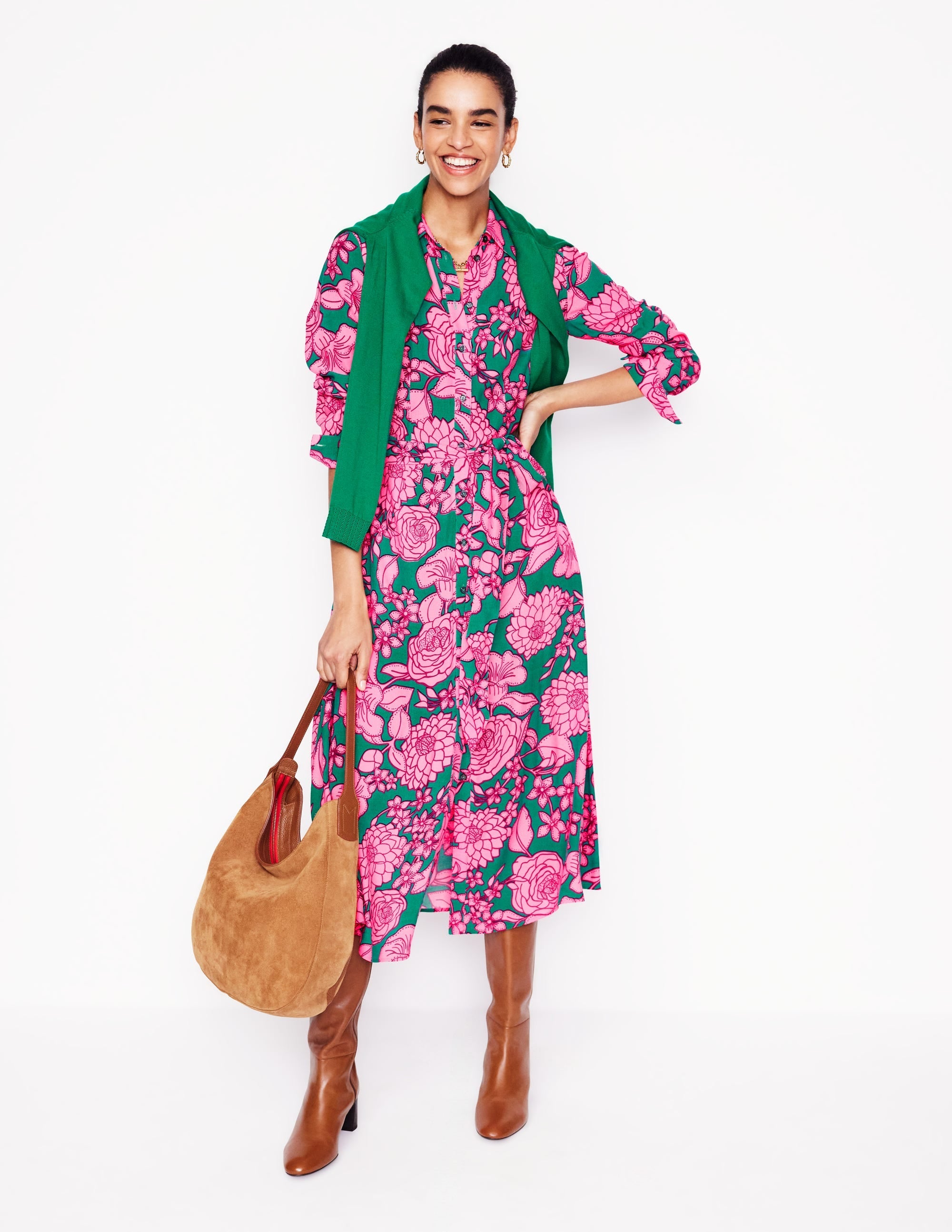 Kate Midi Shirt Dress-Green, Blossom Cascade