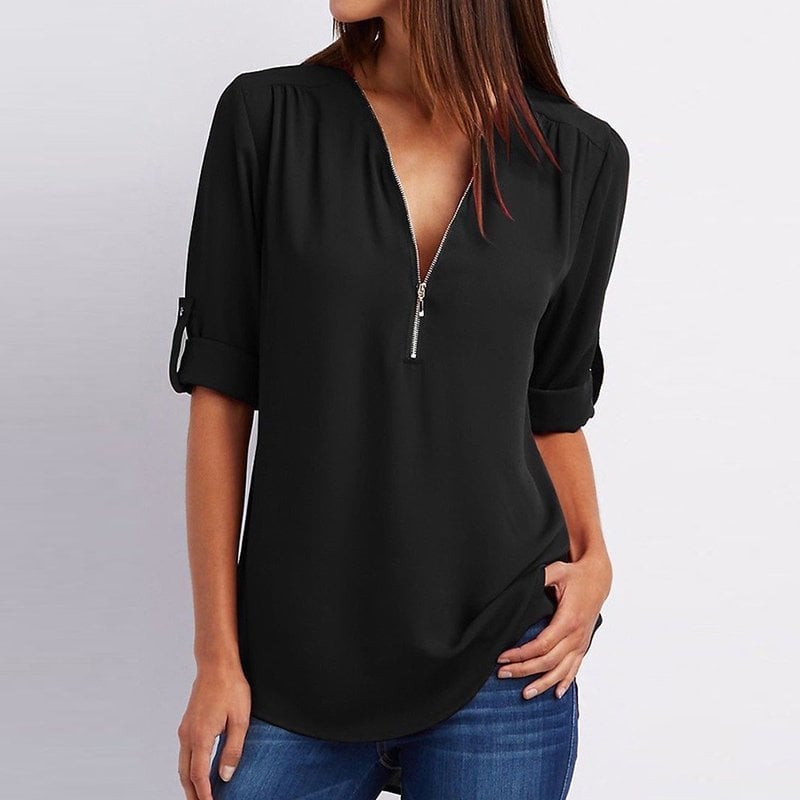 Plus Size Loose  3/4 Sleeve Zipper Blouse