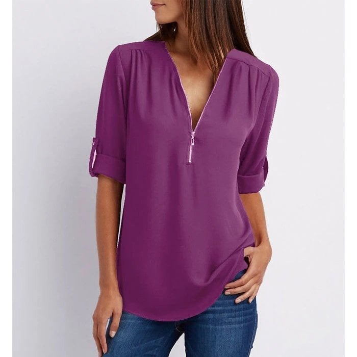 Plus Size Loose  3/4 Sleeve Zipper Blouse