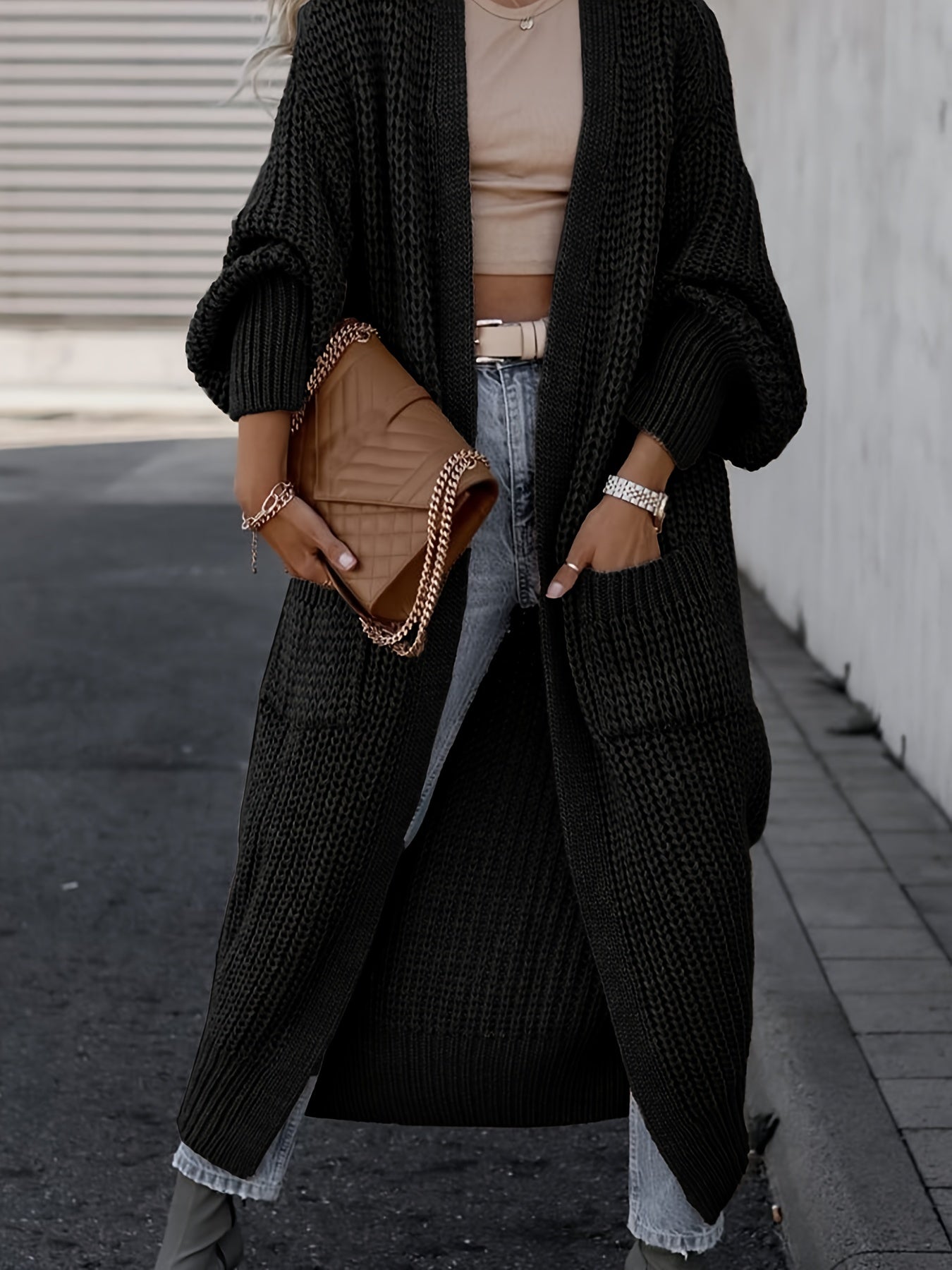 Cardigan Uni À Poche Avant Ouverte, Pull Décontracté À Manches Longues Pour L'automne Et L'hiver, Vêtements Pour Femmes