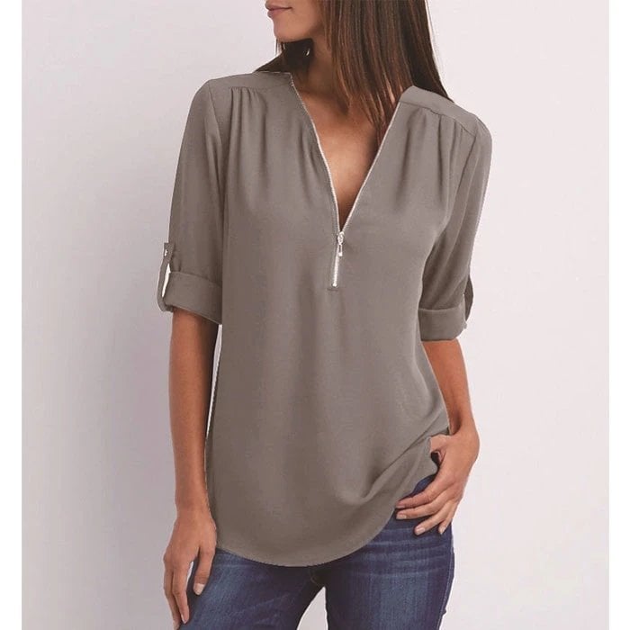 Plus Size Loose  3/4 Sleeve Zipper Blouse