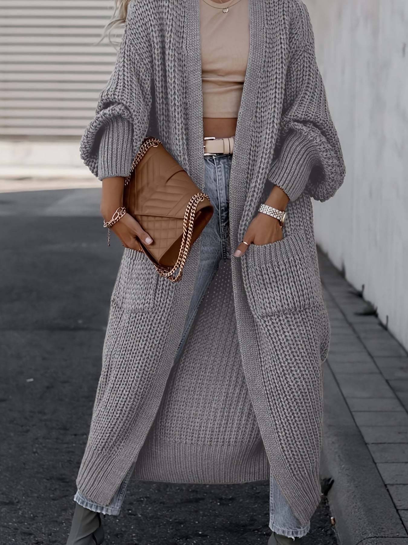 Cardigan Uni À Poche Avant Ouverte, Pull Décontracté À Manches Longues Pour L'automne Et L'hiver, Vêtements Pour Femmes