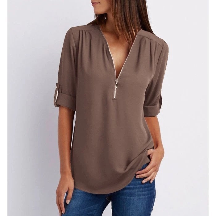 Plus Size Loose  3/4 Sleeve Zipper Blouse