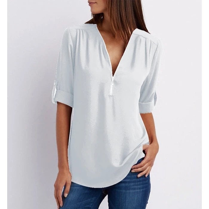 Plus Size Loose  3/4 Sleeve Zipper Blouse