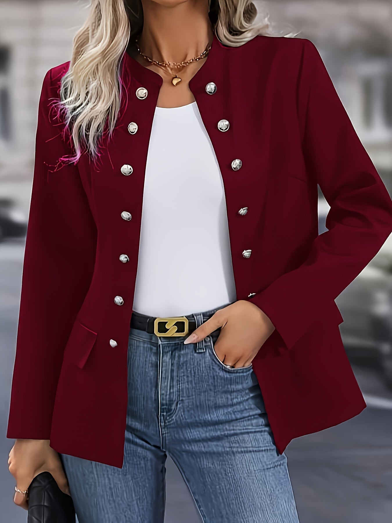 Ein schicker Blazer mit einfarbiger Knopfleiste, eleganter Langarm-Blazer fürs Büro und die Arbeit, Damenbekleidung