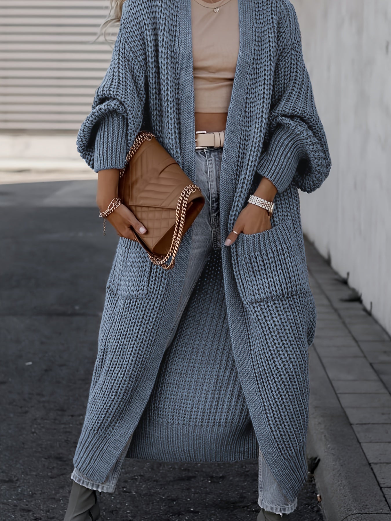 Cardigan Uni À Poche Avant Ouverte, Pull Décontracté À Manches Longues Pour L'automne Et L'hiver, Vêtements Pour Femmes