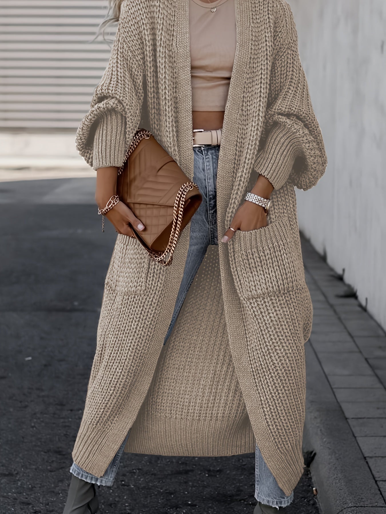 Cardigan Uni À Poche Avant Ouverte, Pull Décontracté À Manches Longues Pour L'automne Et L'hiver, Vêtements Pour Femmes