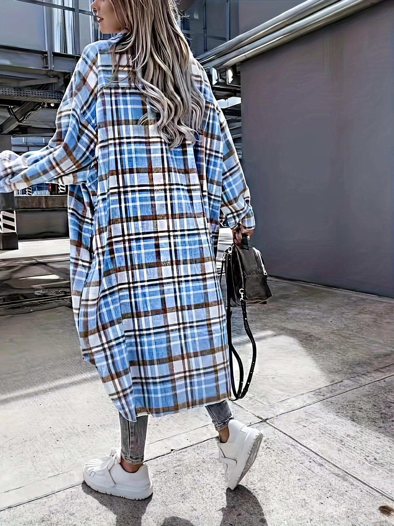 Veste Longue À Imprimé À Carreaux, Vêtements Décontractés Avec Poches À Rabat Sur Le Devant, Vêtements Pour Femmes