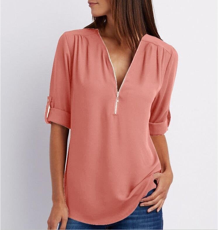 Plus Size Loose  3/4 Sleeve Zipper Blouse