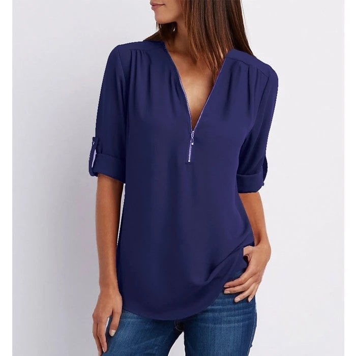 Plus Size Loose  3/4 Sleeve Zipper Blouse