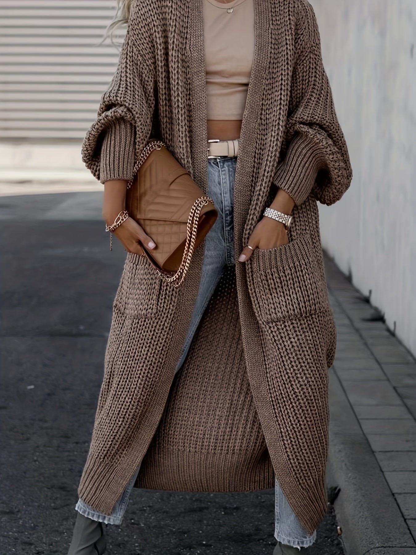 Cardigan Uni À Poche Avant Ouverte, Pull Décontracté À Manches Longues Pour L'automne Et L'hiver, Vêtements Pour Femmes