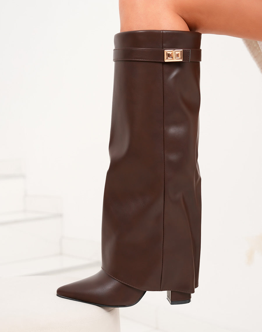 Bottes hautes femme marron à talon carré et détails dorés