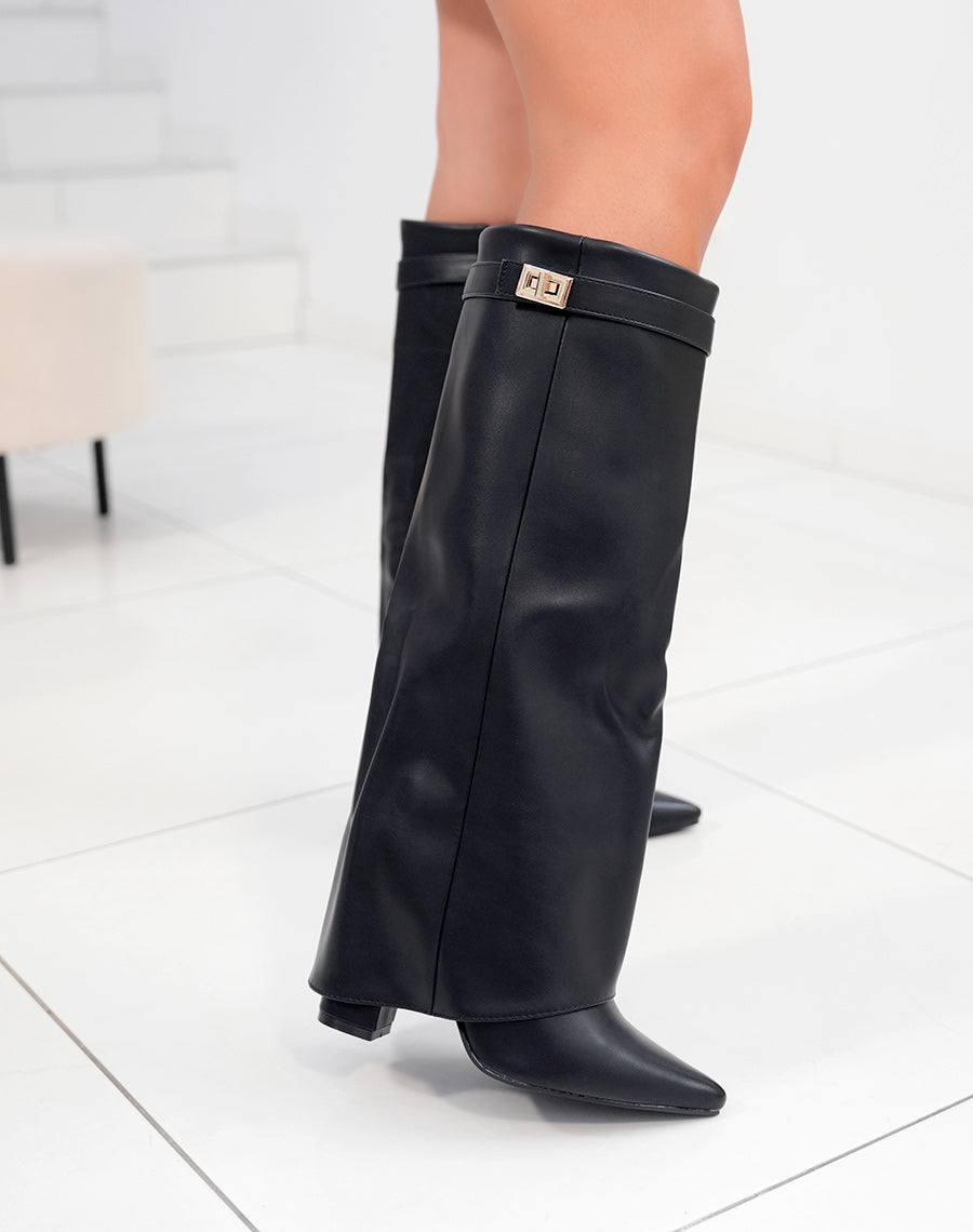 Bottes noires à bout pointu et détails dorés à talon pour Femmes