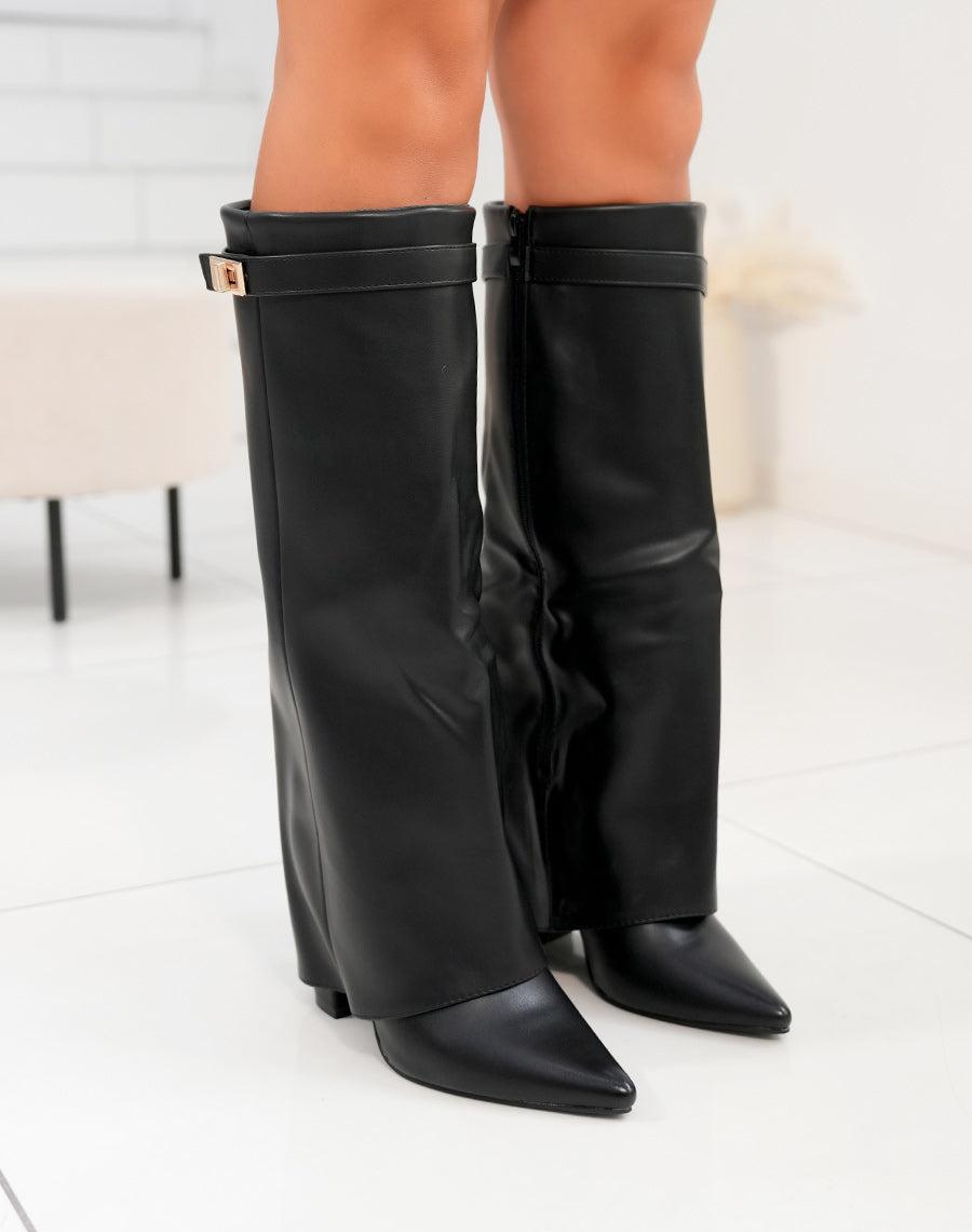 Bottes noires à bout pointu et détails dorés à talon pour Femmes