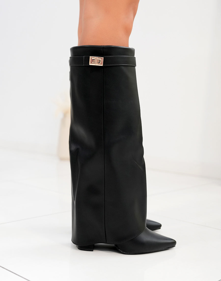 Bottes noires à bout pointu et détails dorés à talon pour Femmes