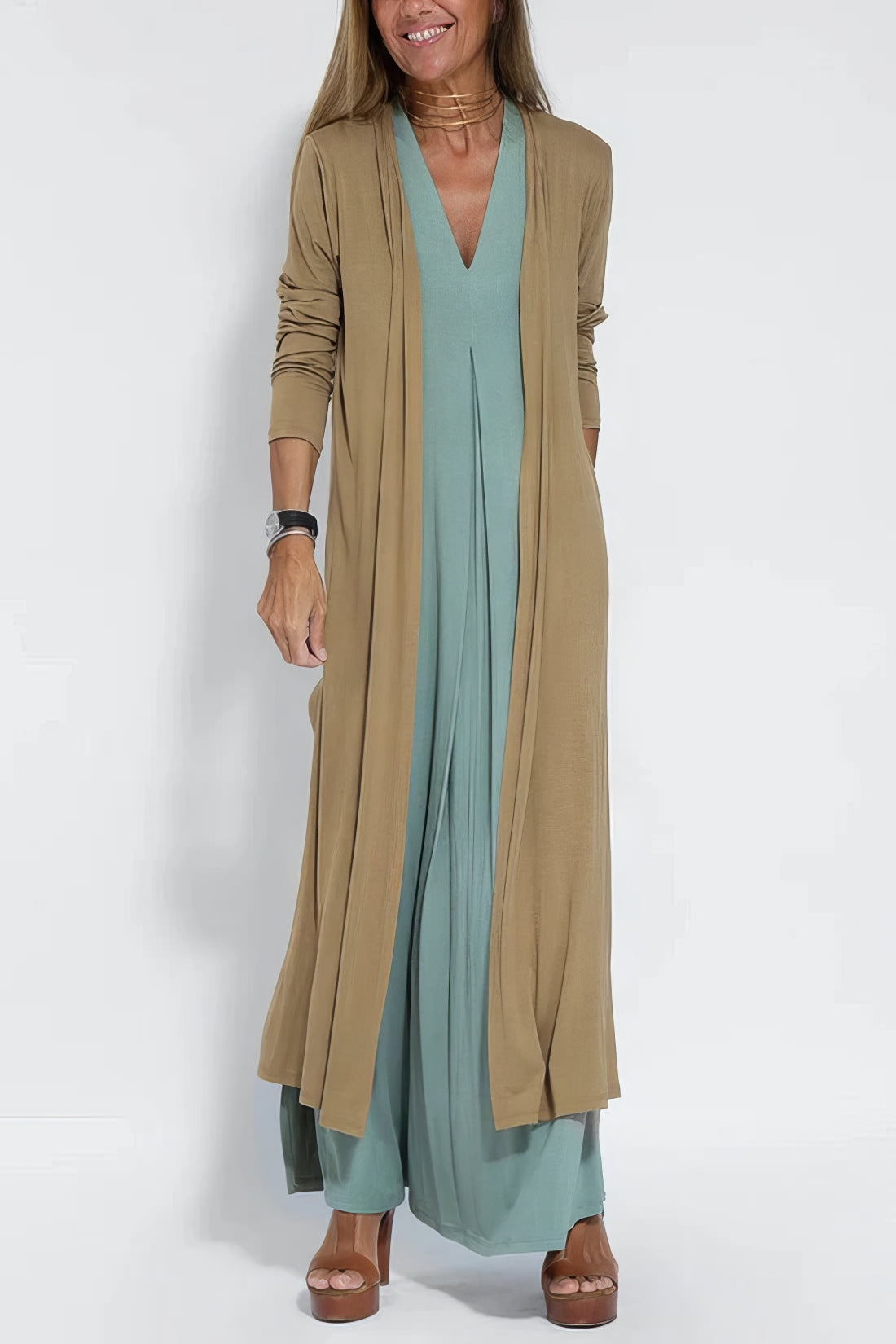 Robe longue élégante + cardigan assorti